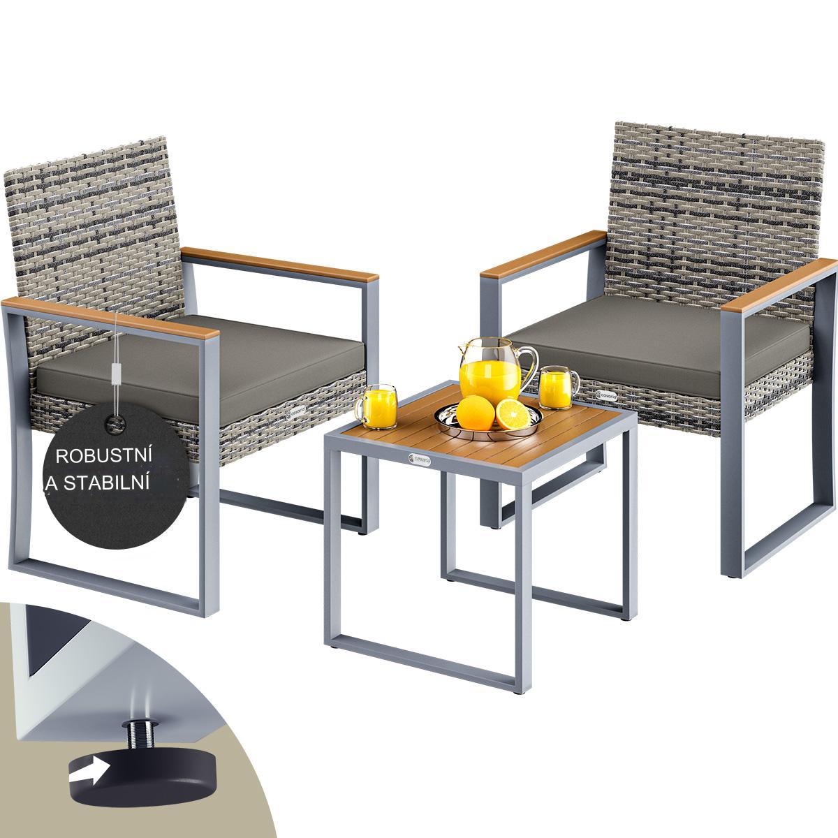 Ratanový balkonový set 1+2 - šedá/dřevo