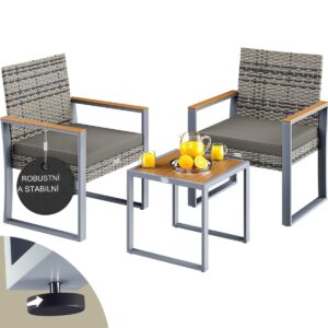 Ratanový balkonový set 1+2 - šedá/dřevo