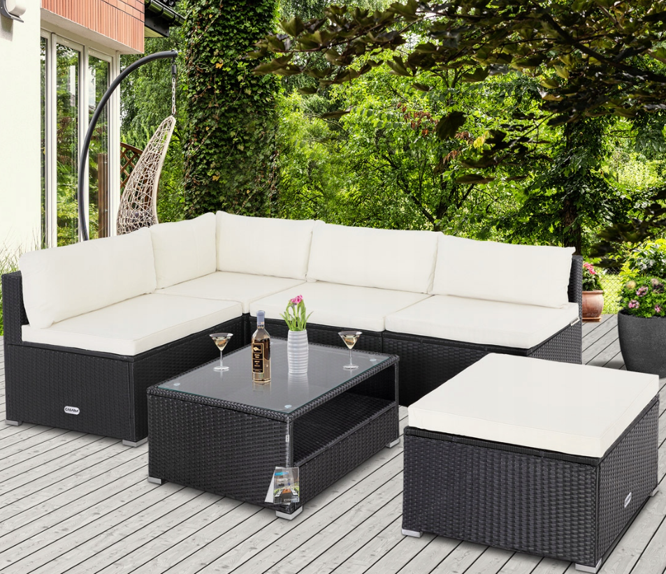 Zahradní ratanová sestava Rouen - černá/krémové podušky