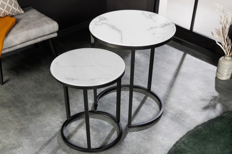 Příruční stolek kulatý Elegance sada 2 ks mramorový vzhled bílý, černý rám