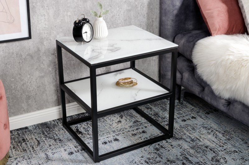 Příruční stolek Elegance 45cm mramorový vzhled bílý, černý rám