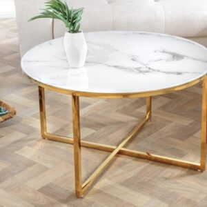 Konferenční stolek kulatý Elegance 80cm mramorový vzhled bílý, zlatý rám