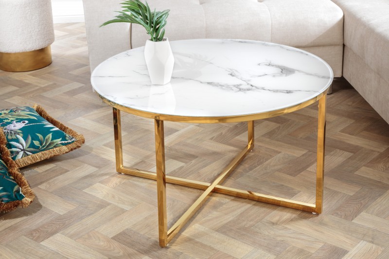 Konferenční stolek kulatý Elegance 80cm mramorový vzhled bílý, zlatý rám