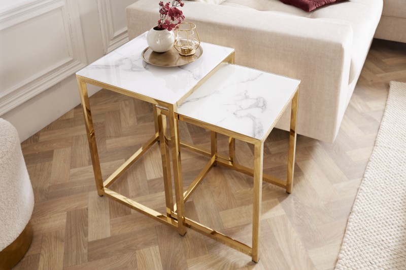 Příruční stolek Elegance sada 2ks mramorový vzhled bílý, zlatý rám