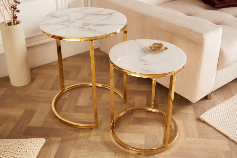 Příruční stolek kulatý Elegance sada 2ks mramorový vzhled bílý, zlatý rám