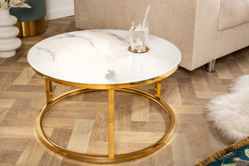 Konferenční stolek Elegance 60cm mramorový vzhled bílý, zlatý rám