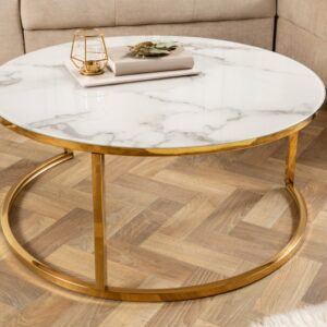 Konferenční stolek Elegance 80cm mramorový vzhled bílý, zlatý rám