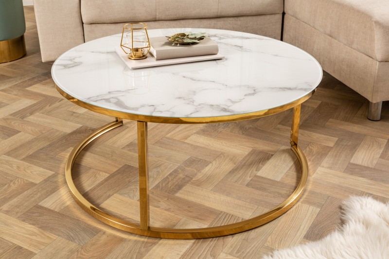 Konferenční stolek Elegance 80cm mramorový vzhled bílý, zlatý rám